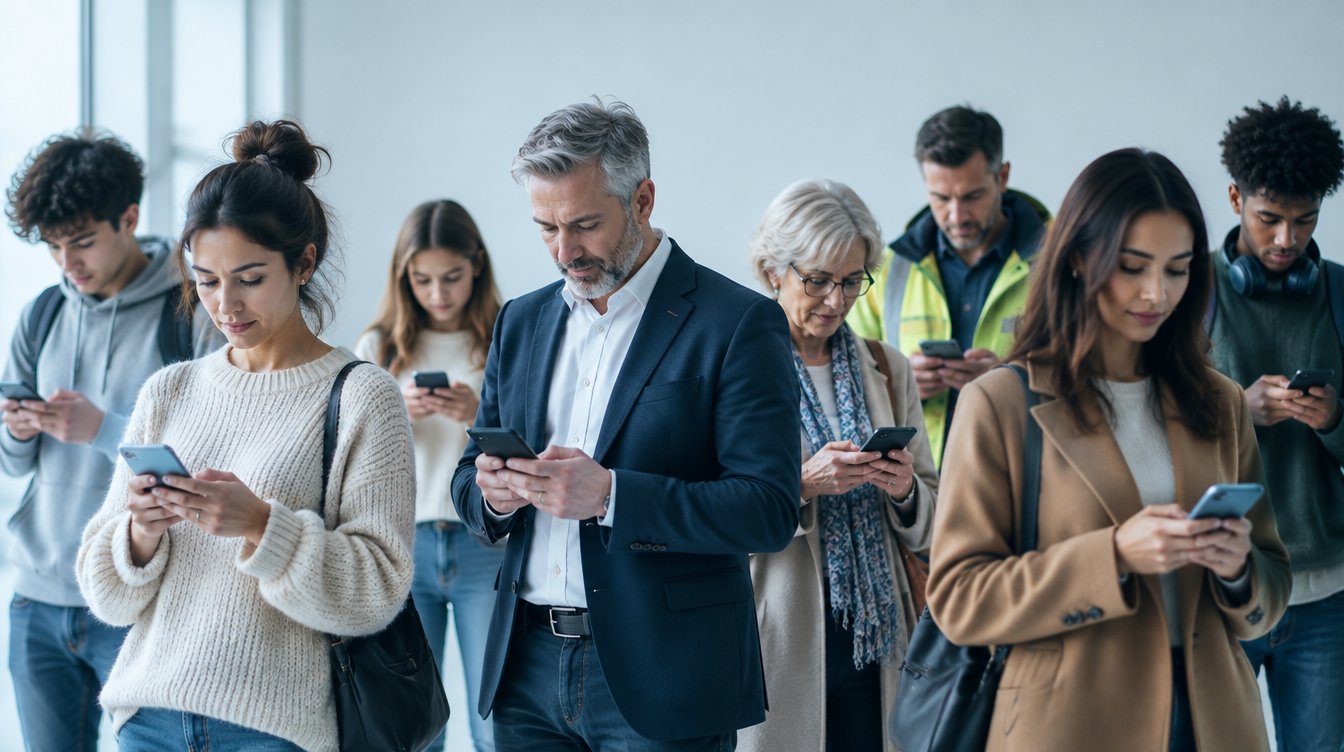 Mensen van alle leeftijden en functies op hun telefoon