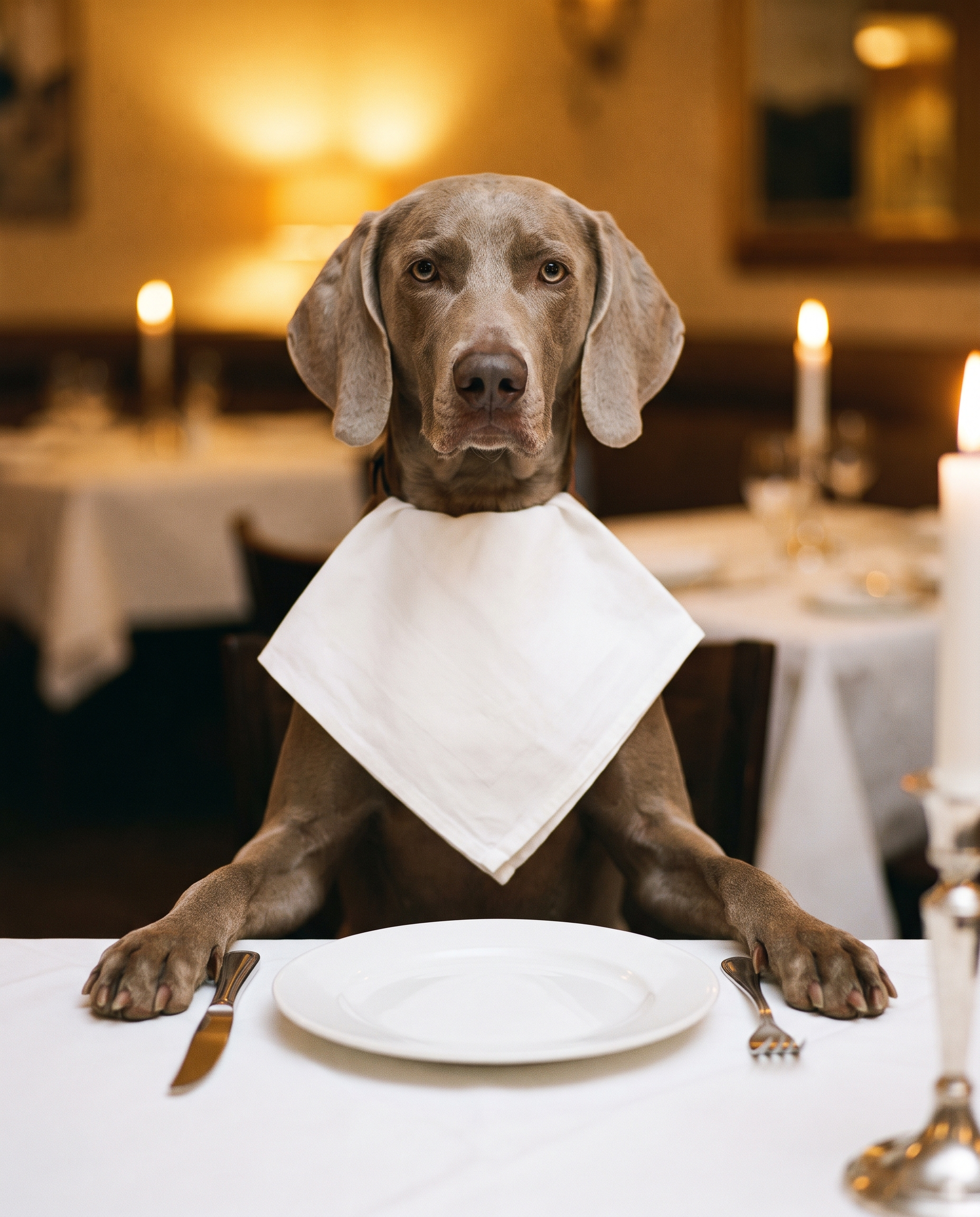 Hond aan een gedekte tafel met servet